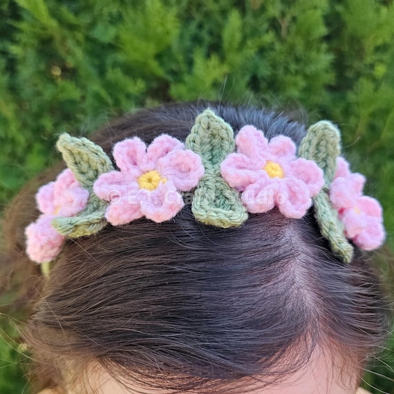 Pink Crochet Flower Hairband with White Flower Accents. 100% Cotton Women main image 3