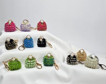 Crochet Mini Beaded Handbag with Heart Charm | Gold & Silver Keychains | READY TO SHIP