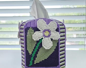 Needlepoint White Daisy Flower Purple Tissue Box Cover Plastic Canvas | READY TO SHIP