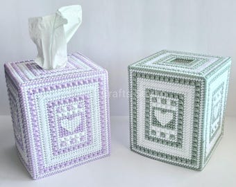 Needlepoint Cute Lilac Green and White Heart Tissue Box Cover Plastic Canvas | Home Decor | READY TO SHIP