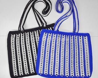 Upcycled Aluminum Pop Tab Crochet Shoulder Bag | Black & Royal Blue | Retro Purses | READY TO SHIP