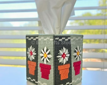 Needlepoint Green Daisy Tissue Box Cover Plastic Canvas | READY TO SHIP