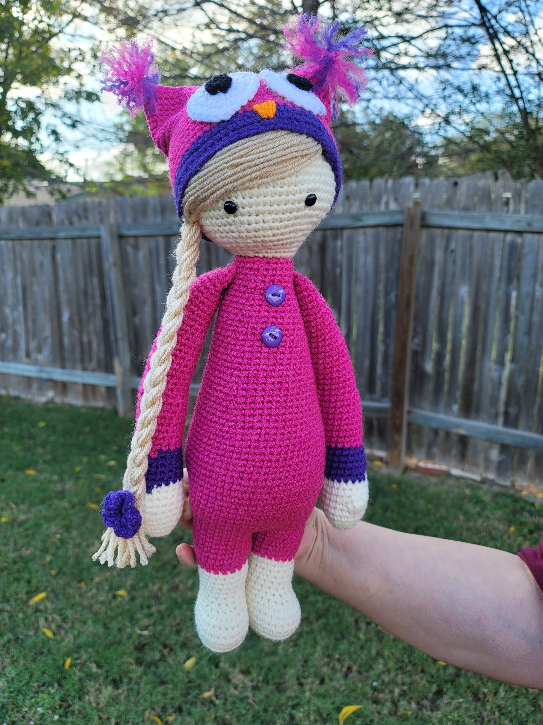 Amigurumi Tall Doll with Pink Owl Hat Crochet Stuffed Toy Plush | READY TO SHIP