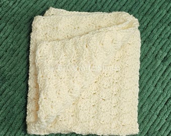 Crochet Cream Scallop Rectangular Handmade Baby Blanket | Baby Shower | Nursery Room Decor | READY TO SHIP