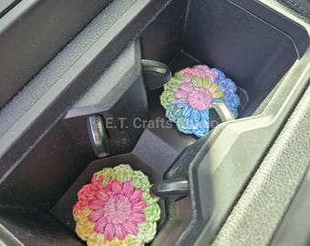 Crochet Cute Set of 2 Tie-Dye Flower Car Coasters | Desk Decor | READY TO SHIP