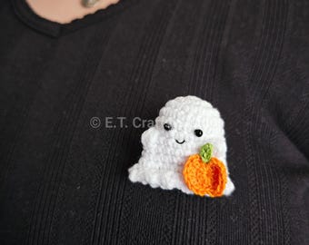 Amigurumi Cute Smiling Happy Ghost and Pumpkin Halloween Crochet Pin | READY TO SHIP