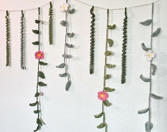 Crochet Green Leaf Vines w/ White & Pink Flower Clips Cute Spring Garland | Room Decoration | READY TO SHIP