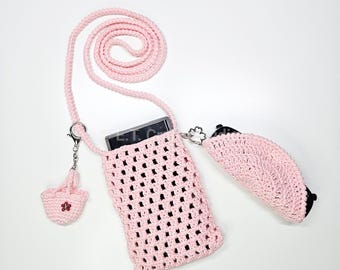 Crochet Soft Pink Crossbody Phone Bag with Sunglasses Holder & Bag Charm | READY TO SHIP