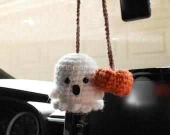 Amigurumi Ghost and Pumpkin Halloween Car Rear View Mirror Accessory MADE TO ORDER