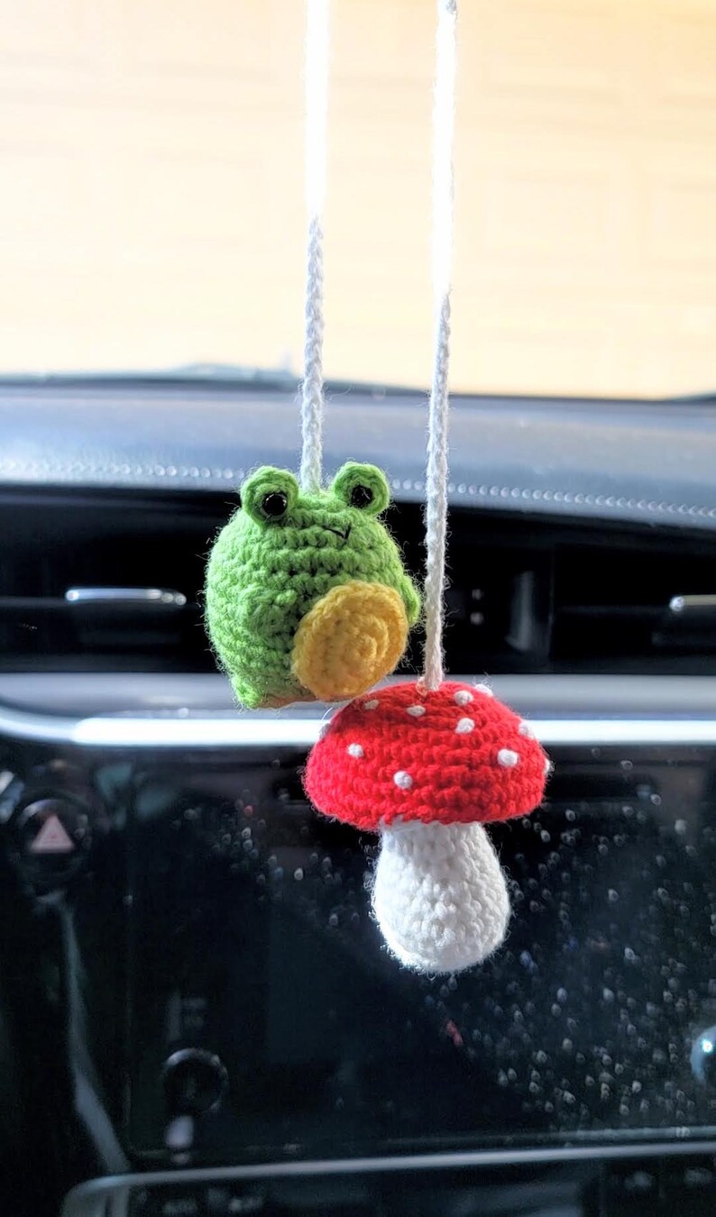 Amigurumi Frog and Mushroom Car Rear View Mirror Accessories MADE TO ORDER 