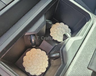 Crochet Cute Set of 2 Cream Color Flower Car Coasters | Desk Decor | READY TO SHIP