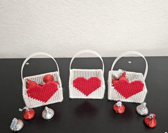 Cute Needlepoint Set of 3 Mini Red Heart White Basket | Valentine's Day Party Favors | MADE TO ORDER
