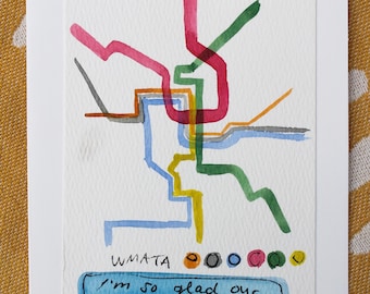Cartão com mapa do metrô de Washington DC em aquarela original da WMATA, para aniversário, aniversário, todas as ocasiões