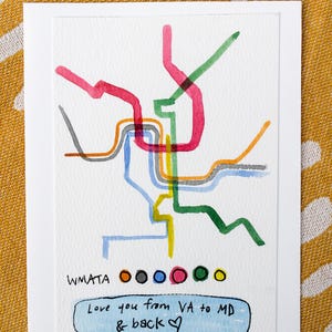 オリジナル水彩画 WMATA ワシントン DC 地下鉄マップカード。記念日、誕生日、あらゆる機会に。「バージニア州からメリーランド州まで、そして戻ってあなたを愛しています」