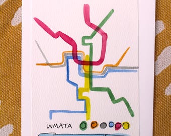 Cartão com mapa do metrô de Washington DC em aquarela original da WMATA para todas as ocasiões, aniversário, data comemorativa, "Eu ainda te amarei mesmo se perdermos a parada"