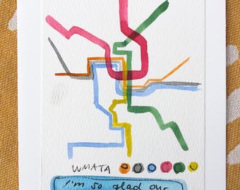 Cartão com mapa do metrô de Washington DC em aquarela original da WMATA, para aniversário, aniversário, todas as ocasiões