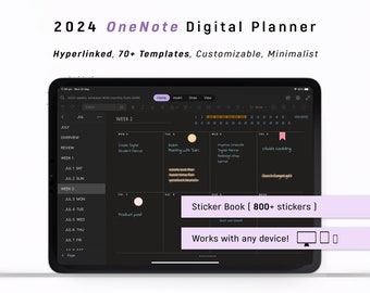 Agenda numérique OneNote 2024 en mode sombre, agenda One Note Android - iPad - Windows - PC - Mac - Surface pro - ordinateur, HYPERLINKED