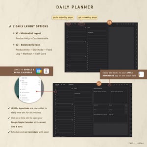 May include: A digital daily planner with two layout options, V1 and V2, featuring black pages with white text. The planner includes hyperlinks to Google and Apple Calendar, task integration for Apple Reminders, and a 365-day schedule with time slots.