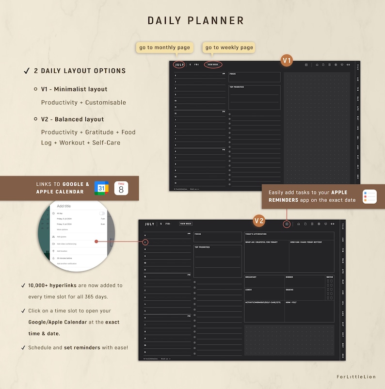 May include: A digital daily planner with two layout options, V1 and V2, featuring black pages with white text. The planner includes hyperlinks to Google and Apple Calendar, task integration for Apple Reminders, and a 365-day schedule with time slots.