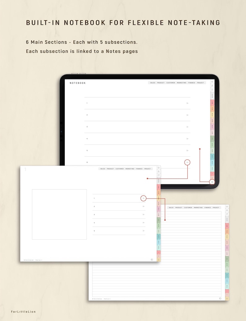 May include: Digital notebook with a black frame, showcasing a clean, white interface with sections labeled "SALES", "PRODUCT", "CUSTOMER", "MARKETING", "FINANCE", and "PROJECT". The text "BUILT-IN NOTEBOOK FOR FLEXIBLE NOTE-TAKING" is at the top.