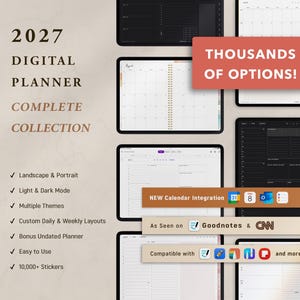 以下が含まれることがあります： 2027年のデジタルプランナーコレクション。複数のタブレット画面にライトモードとダークモードの様々なカレンダーレイアウトが表示されています。テキストには「2027 DIGITAL PLANNER COMPLETE COLLECTION」、「THOUSANDS OF OPTIONS」、「NEW Calendar Integration」および互換性アイコンが含まれています。
