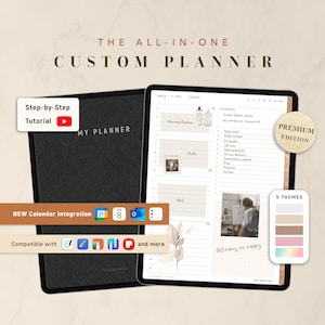 May include: A digital planner displayed on a tablet screen next to a black planner cover. The screen shows a daily schedule with text, a photo, and a list of priorities. Text overlays include "THE ALL-IN-ONE CUSTOM PLANNER," "Step-by-Step Tutorial," "PREMIUM EDITION," "NEW Calendar Integration," and "5 THEMES."