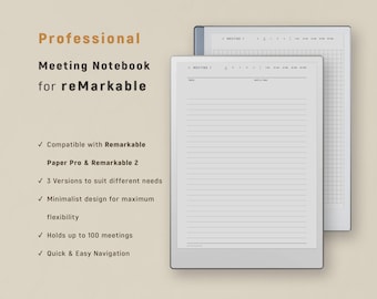 Meetings Notebook for reMarkable Paper Pro Professionals, Meeting Notes Templates for reMarkable 2
