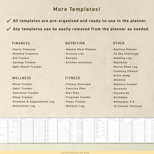 May include: A printable planner template with a list of categories and subcategories for organizing finances, wellness, nutrition, fitness, and other tasks. The text "More Templates!" is at the top of the page. The text "All templates are pre-organized and ready-to-use in the planner." is below the title. The text "Any templates can be easily removed from the planner as needed." is below the second line of text.