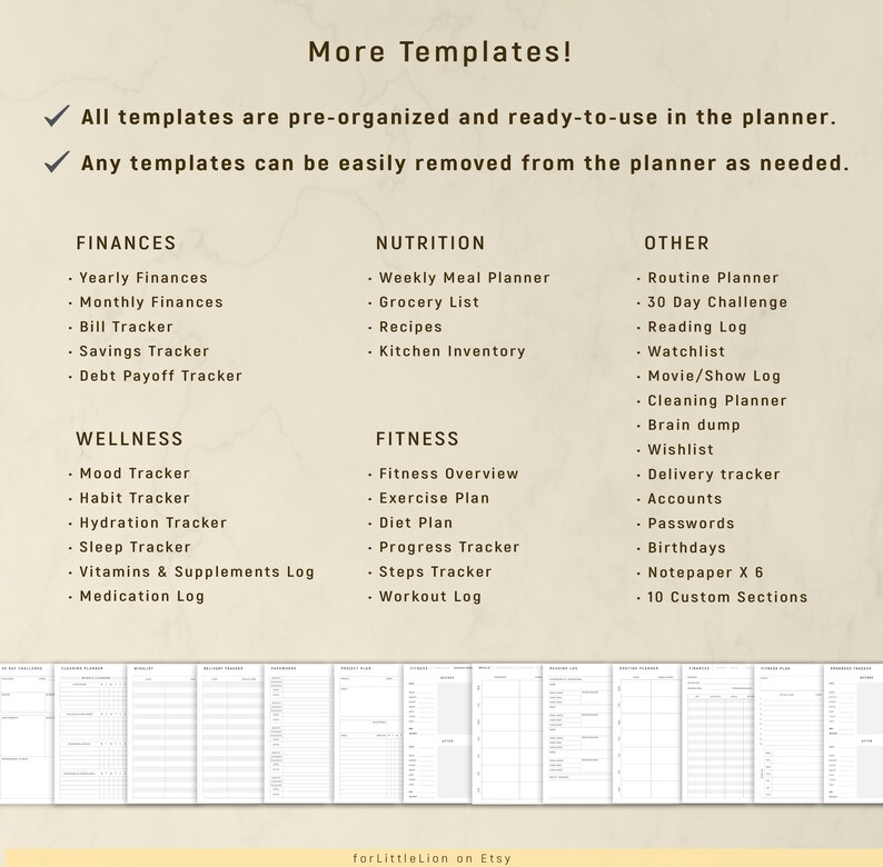 May include: A printable planner template with a list of categories and subcategories for organizing finances, wellness, nutrition, fitness, and other tasks. The text "More Templates!" is at the top of the page. The text "All templates are pre-organized and ready-to-use in the planner." is below the title. The text "Any templates can be easily removed from the planner as needed." is below the second line of text.