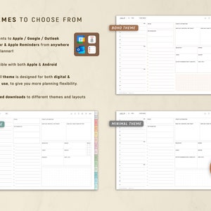 May include: Digital planner with three themes: Boho, Pastel, and Minimal. The planner includes features like Apple/Google/Outlook calendar integration and is compatible with Apple and Android. The image also shows the text "3 Themes to Choose From".