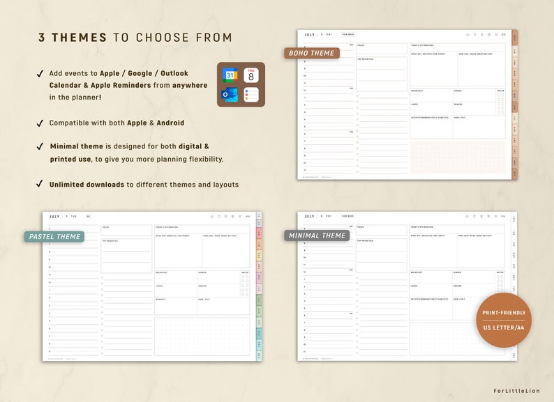 May include: Digital planner with three themes: Boho, Pastel, and Minimal. The planner includes features like Apple/Google/Outlook calendar integration and is compatible with Apple and Android. The image also shows the text "3 Themes to Choose From".