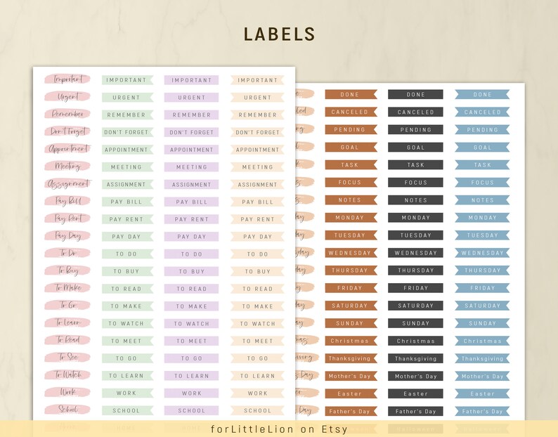 May include: A set of colorful printable planner stickers with various labels, including "Important", "Urgent", "Remember", "Don't Forget", "Appointment", "Meeting", "Assignment", "Pay Bill", "Pay Rent", "Pay Day", "To Do", "To Buy", "To Read", "To Make", "To Watch", "To Meet", "To Do", "To Learn", "Work", "School", "Done", "Canceled", "Pending", "Goal", "Task", "Focus", "Notes", "Monday", "Tuesday", "Wednesday", "Thursday", "Friday", "Saturday", "Sunday", "Christmas", "Thanksgiving", "Mother's Day", "Easter", "Father's Day".