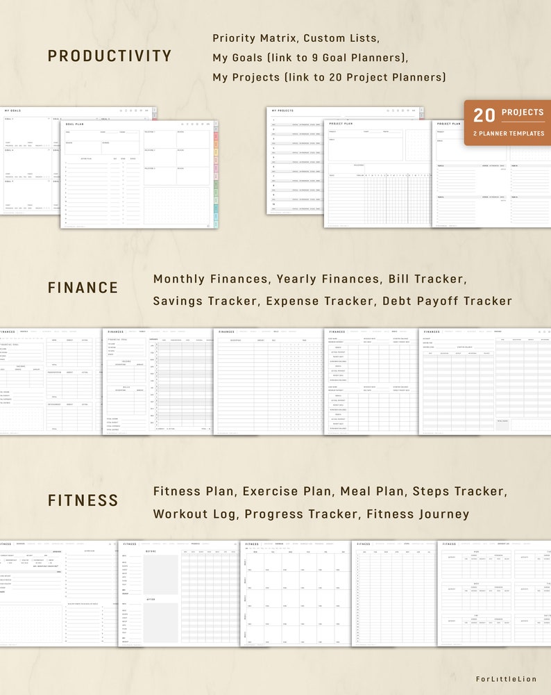 May include: A collection of printable planner templates for productivity, finance, and fitness. The templates include project plans, goal trackers, and financial planning sheets. The image also includes the text "20 Projects" and "2 Planner Templates."