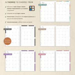 May include: A planner with five themes: Pastel, Black, Beige, Purple, and Pink. Each theme features a monthly calendar layout with a spiral binding. The planner is designed for digital and printed use, compatible with Apple and Android.