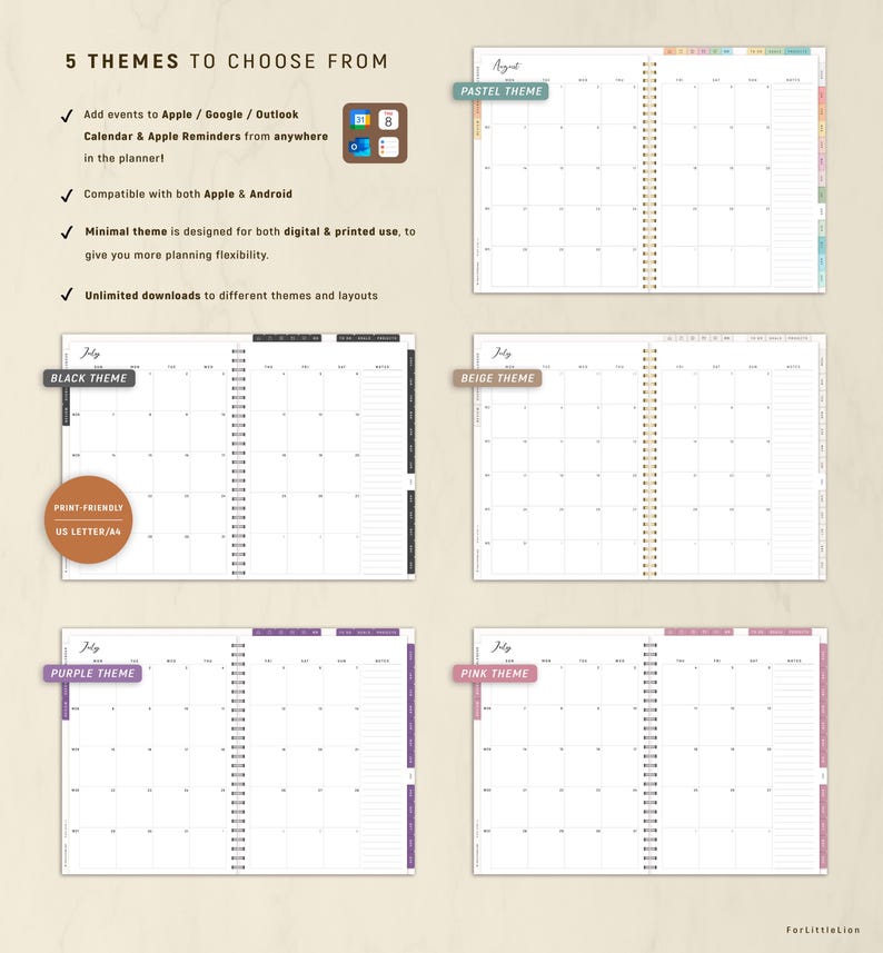 May include: A planner with five themes: Pastel, Black, Beige, Purple, and Pink. Each theme features a monthly calendar layout with a spiral binding. The planner is designed for digital and printed use, compatible with Apple and Android.