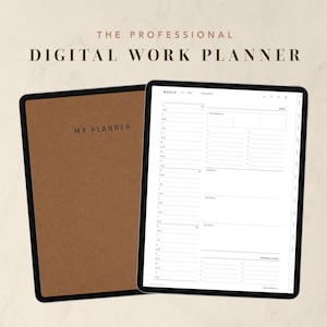 May include: A digital work planner with a brown cover and the words "MY PLANNER" printed on it. The planner is open to a daily schedule page. The text "THE PROFESSIONAL DIGITAL WORK PLANNER" is at the top.