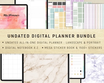 May include: A digital planner bundle with a watercolor background. The bundle includes an undated all-in-one digital planner, two digital notebooks, a mega sticker book, and over 1500 stickers.