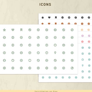 May include: A sheet of stickers with various icons in different colors. The icons include a star, heart, checkmark, cross, question mark, exclamation point, dollar sign, due, bag, music note, phone, email, clock, tooth, heart, computer, book, paw print, fork and knife, arrow, bicycle, airplane, lightbulb, cake, car, location pin, sun, cloud, snowflake, play button, coffee cup, and high heel.