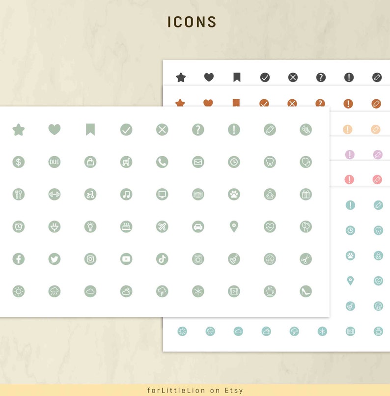 May include: A sheet of stickers with various icons in different colors. The icons include a star, heart, checkmark, cross, question mark, exclamation point, dollar sign, due, bag, music note, phone, email, clock, tooth, heart, computer, book, paw print, fork and knife, arrow, bicycle, airplane, lightbulb, cake, car, location pin, sun, cloud, snowflake, play button, coffee cup, and high heel.