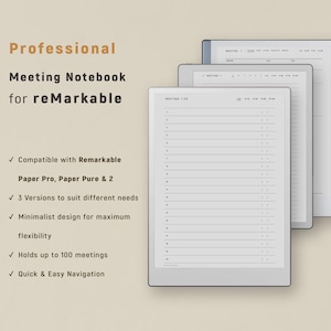 Könnte beinhalten: Eine digitale Meeting-Notizbuchvorlage für reMarkable-Tablets mit drei gestapelten Bildschirmansichten und linierten Layouts. Der Text umfasst Professional Meeting Notebook for reMarkable, kompatibel mit Paper Pro, Paper Pure & 2.