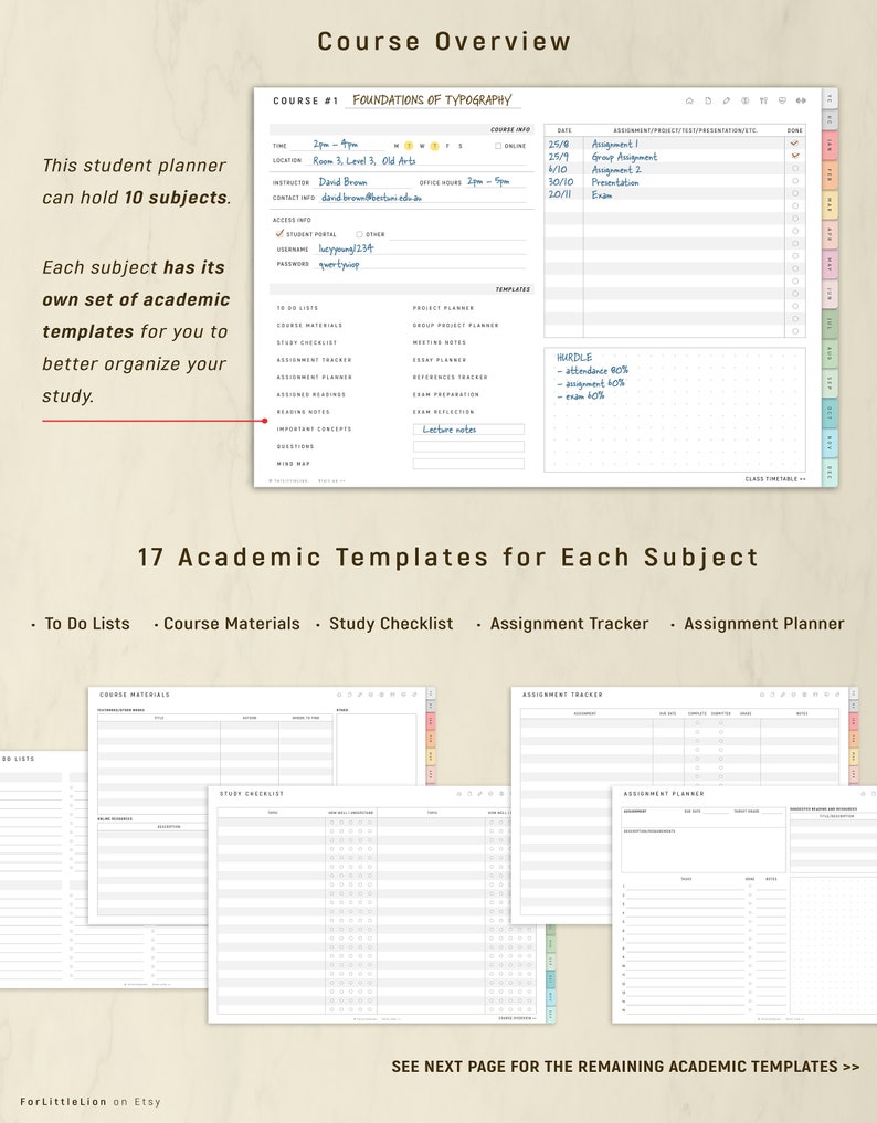 May include: A student planner with a course overview for Foundations of Typography. The planner includes templates for to-do lists, course materials, and assignment tracking. The text includes the course name, instructor, and assignment details.