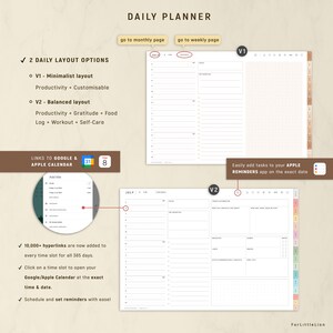 May include: Digital daily planner with two layout options, minimalist and balanced, featuring sections for productivity, gratitude, and self-care. Includes hyperlinks to Google and Apple Calendar. Text on the image says "DAILY PLANNER".