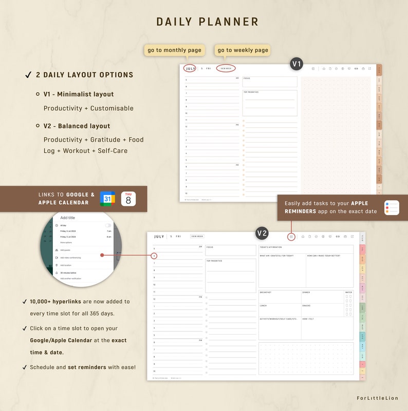 May include: Digital daily planner with two layout options, minimalist and balanced, featuring sections for productivity, gratitude, and self-care. Includes hyperlinks to Google and Apple Calendar. Text on the image says "DAILY PLANNER".