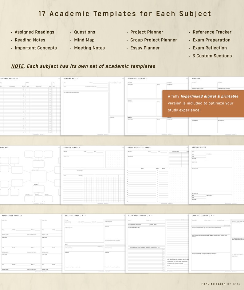 May include: A digital academic template set with 17 templates for various subjects. Includes planners for projects, essays, and exams, plus sections for readings, notes, and reflections. The text reads: "17 Academic Templates for Each Subject."