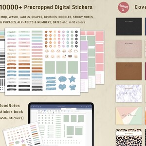 May include: A digital sticker set with over 10,000 precropped stickers, including icons, emojis, labels, and more, in various colors. The image also shows a GoodNotes sticker book with 450+ stickers and planner covers. The text on the image says "10000+ Precropped Digital Stickers".