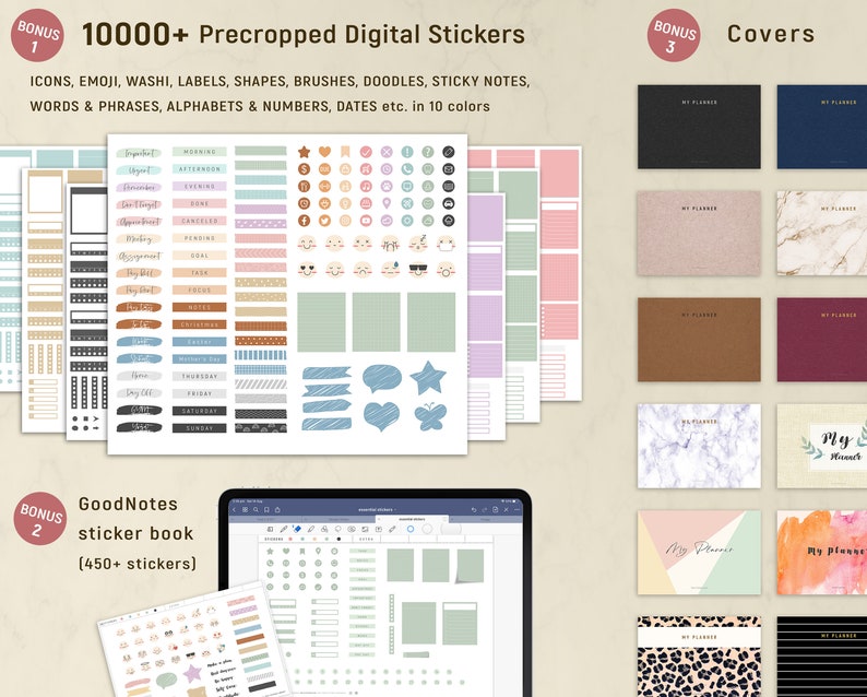 May include: A digital sticker set with over 10,000 precropped stickers, including icons, emojis, labels, and more, in various colors. The image also shows a GoodNotes sticker book with 450+ stickers and planner covers. The text on the image says "10000+ Precropped Digital Stickers".