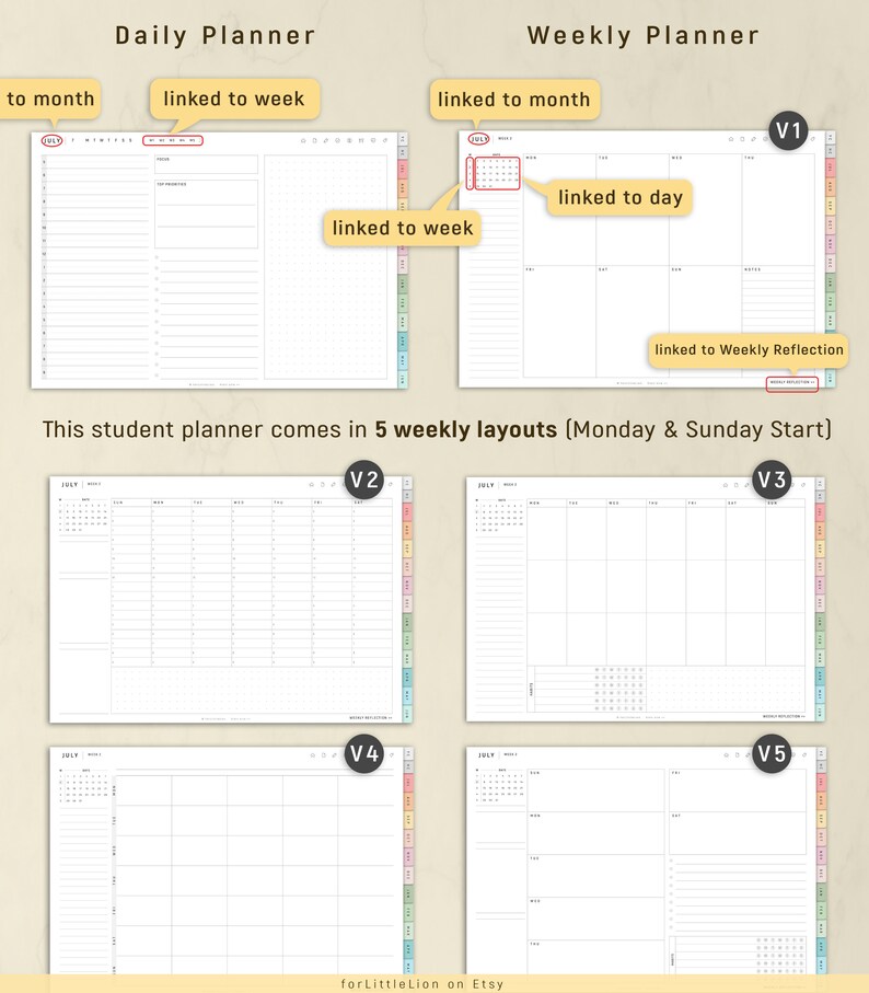 May include: A student planner with five different weekly layouts. The planner includes a daily planner section with a monthly and weekly view. The weekly layouts include a Monday and Sunday start option. The planner is designed for students and features a clean and minimalist design.