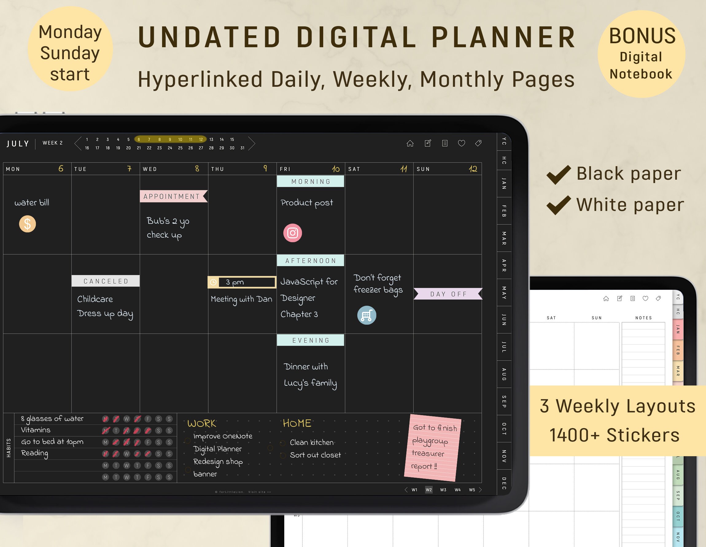 Dark Mode Digital Planner GoodNotes UNDATED Blackout Planner Etsy