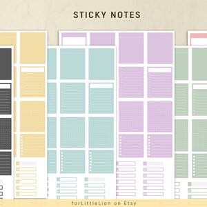 May include: Set of printable sticky note templates in black, yellow, blue, purple, green, and pink. Each template features a variety of layouts including lined, grid, and blank.