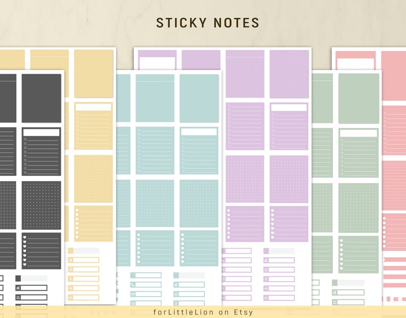May include: Set of printable sticky note templates in black, yellow, blue, purple, green, and pink. Each template features a variety of layouts including lined, grid, and blank.